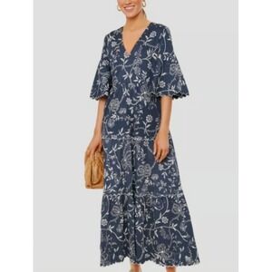 Tuckernuck Westwind Ginger Maxi Dress  Navy Blue Flutter Sleeve Tiered Size XXL